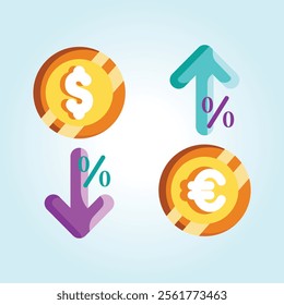 A visual depiction of financial trends using coins representing currencies and arrows showing interest rate fluctuations.