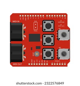 A visual depiction of the MIDI Shield, a circuit board designed to interface microcontrollers with MIDI (Musical Instrument Digital Interface) devices