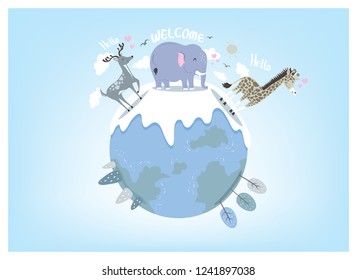The visual design of animals that are walking on the surface of the earth and the components in nature on a blue background.