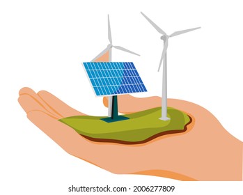 visual design, illustration, clip art, hand holding eco-friendly technology. solar panels. wind turbine.