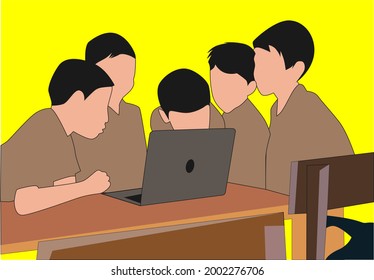 visual design or illustration of a group of children learning to use a laptop