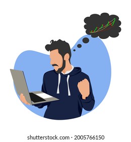 visual design, illustration, vector of a young boy watching the stock movement in front of his computer