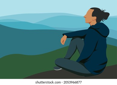 visual design illustration of a woman sitting in the hills