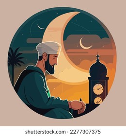 Visual design of a men, An hour that gives prayer times correctly and clearly, flat vector illustration, cartoon style . ramadan mubarak