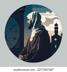 Visual design of a men, An hour that gives prayer times correctly and clearly, flat vector illustration, cartoon style . ramadan mubarak