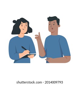 visual design, vector, flat, illustration of a boy and girl having a discussion