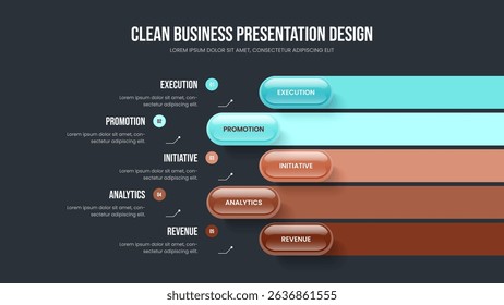 Visual Development 5 Option Infographic Slide Design. Company Innovation Five Step Diagram Presentation Template. Consulting Performance Slideshow Layout Vector Illustration.