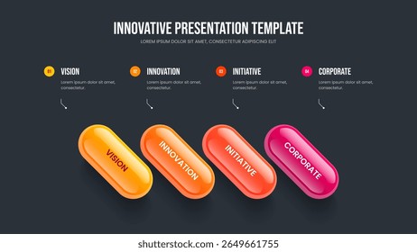 Visual Development Four Element Infographic Slide Template. Company Review Frame Design Vector Illustration. Service Planning 4 Step Diagram Slideshow Layout.