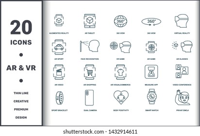 Visual Device icons set collection. Includes creative elements such as Augmented Reality, 360 View, 360 View, Virtual Reality, Augmented Reality Shopping and Augmented Reality Commerce premium icons.