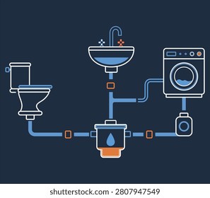 Visual diagram of a residential plumbing system showing water supply and drainage connections for a house, flat vector illustration featuring pipes, fixtures, valves, and plumbing layout, ideal for construction, engineering, home renovation, maintenance guides, and educational materials