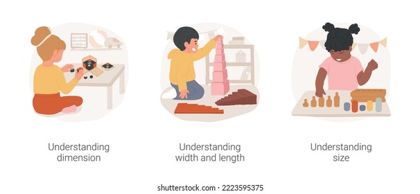 Visual discrimination Montessori lesson isolated cartoon vector illustration set. Understanding dimension, width, length and size, montessori preschool, visual sense exercise vector cartoon.