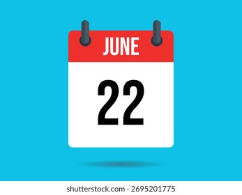 Visual exibe uma página do calendário definida como 22 de junho, apresentando um quadro vermelho, suportes cinza e um fundo branco limpo. Debruçado sobre um pano de fundo azul claro.