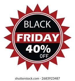 Visual muestra una marca promocional circular en rojo y negro, exhibiendo un 40 por ciento de anuncio para el Black Friday con un fondo transparente.