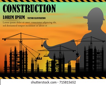 Visual double exposure drawing silhouettes of construction industry engineer for worker team to work safety on high ground over with silhouettes businessman and sunset background vector illustration