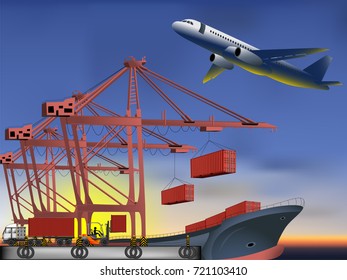 Visual double exposure drawing silhouettes of transportation for industry engineer to work and business concept and sunset background vector illustration