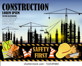 Visual double exposure drawing silhouettes of construction industry engineer for worker team to work safety on high ground over and sunset background vector illustration, set 2 of 2