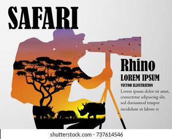 Visual double exposure drawing silhouettes of beautiful rhino animal wildlife collection in Africa or Savannah, concept travel in the zoo, abstract sunset background for vector illustration