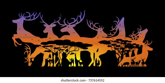 Visual double exposure drawing silhouettes of beautiful deer animal wildlife collection in Africa or Savannah, concept travel in the zoo, abstract sunset background for vector illustration