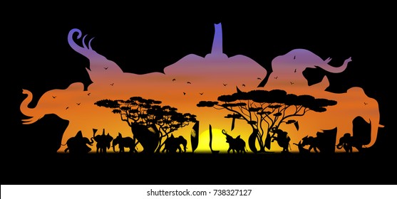 Visual double exposure drawing silhouettes of beautiful elephant family animal wildlife collection in Africa or Savannah, concept travel in the zoo, abstract sunset background for vector illustration
