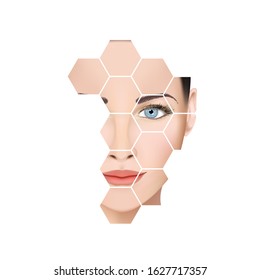 Visual double exposure face sexy young woman and hexagon shape use with ads skincare or makeup cosmetic product design on white background for vector illustration, minimal stylish girl beautiful