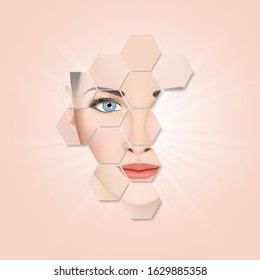 Visual double exposure face sexy young woman and hexagon shape use with ads skincare or makeup cosmetic product design on sun light background for vector illustration, minimal stylish girl beautiful