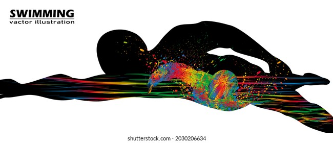 Visual double exposure logo swimming sport of side view at fast of speed in swim game. Line colorful beautiful design style on black background for vector illustration, healthy lifestyle concepts