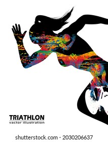 Visual double exposure logo swimming, cycling, and runner sport at fast speed in triathlon game. Line colorful beautiful design style on black background for vector illustration, exercise concept