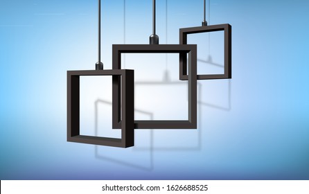 Visual drawing of 3 black square podium or pedestal platform use for advertisement product in sale business such as cosmetic, sport, copy space on background blue sky white to vector illustration