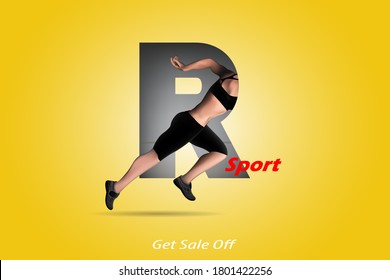 Visual drawing of 3d realistic banner ads women runner on "R" text into marathon sport game, concept lifestyle and health care with weight loss by exercise on black background for vector illustration