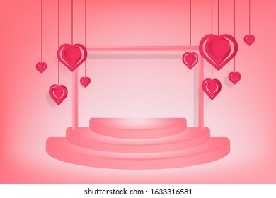 Visual drawing of ad poster banner pink paper hearts floating spread on frame and stage in Valentine's day, concept festival and beautiful card on pink minimal background for vector illustration