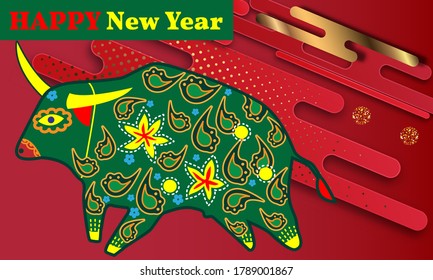 Visual drawing of ad poster to Happy new year or Chinese new year banner with bull.