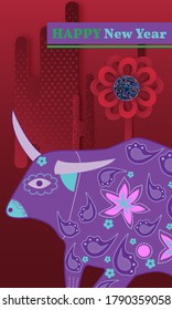 Visual drawing of ad poster to Happy new year or Chinese new year banner with bull.