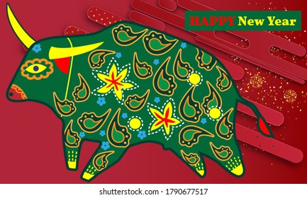 Visual drawing of ad poster to Happy new year or Chinese new year banner with bull.