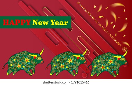 Visual drawing of ad poster to Happy new year or Chinese new year banner with bull.