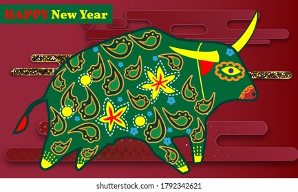 Dibujo visual de afiche de anuncios a Feliz Año Nuevo o banner chino de año nuevo con toro.
