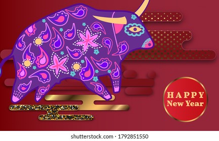 Visual drawing of ad poster to Happy new year or Chinese new year banner with bull.