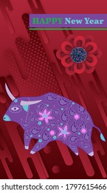 Visuelle Zeichnung von Werbeplakat für Happy neues Jahr oder chinesischer Neujahrsbanner mit Stier.