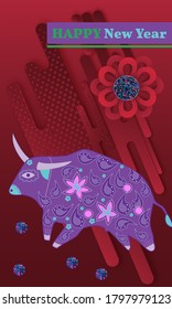 Visual drawing of ad poster to Happy new year or Chinese new year banner with bull.