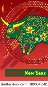 Visual drawing of ad poster to Happy new year or Chinese new year banner with bull.