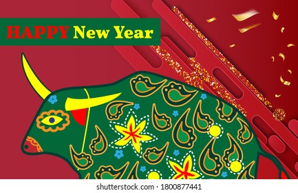 Visual drawing of ad poster to Happy new year or Chinese new year banner with bull.