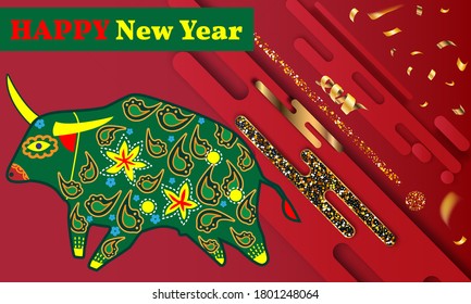 Visual drawing of ad poster to Happy new year or Chinese new year banner with bull.