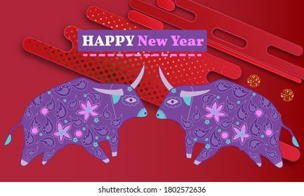 Visual drawing of ad poster to Happy new year or Chinese new year banner with bull.