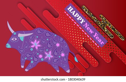 Dibujo visual de afiche de anuncios a Feliz Año Nuevo o banner chino de año nuevo con toro.