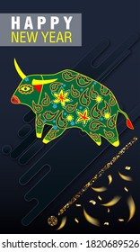 Dibujo visual de afiche de anuncios a Feliz Año Nuevo o banner chino de año nuevo con toro.