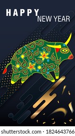 Visual drawing of ad poster to Happy new year or Chinese new year banner with bull.