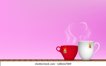 Visual drawing of ad poster hot tea and hot coffee two cup, concept romantic and love in the morning with valentine day of pink color tone background vector illustration