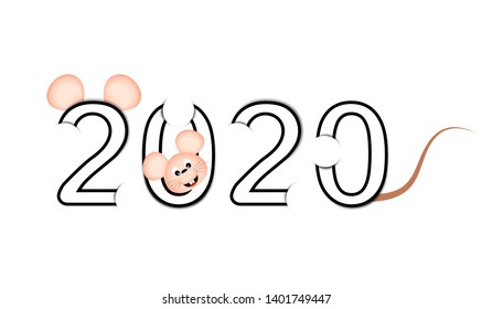 Visual drawing of ad poster to text 2020 with rat character in celebration Happy new year on white background of vector illustration