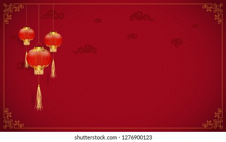 Visual drawing of ad poster welcome to Chinese new year banner in celebration, of red color tone background vector illustration set 2