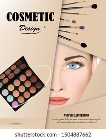 Visual drawing for ads cosmetic product design the set makeup package and eye shadow, concept use with to face skin girl beautiful behind paper flesh color light background vector illustration