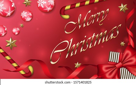 Visual drawing of advertising typography Christmas tree and Merry Christmas, concept festival and beautiful card on red background for vector illustration